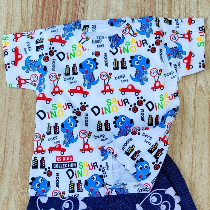 BANYAK MOTIF - SNI halus KS Setelan baju katun celana jeans anak bayi laki-laki cowok dinosaurus kapal helikopter mobil