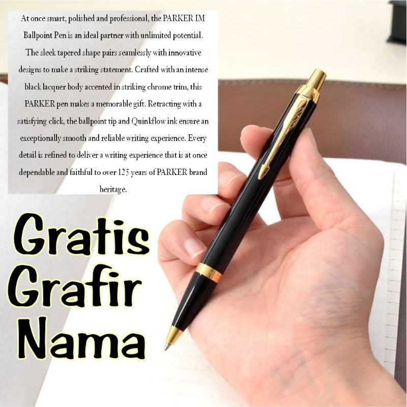 

Pulpen Parker original mewah black matte gold trim gratis Grafir nama