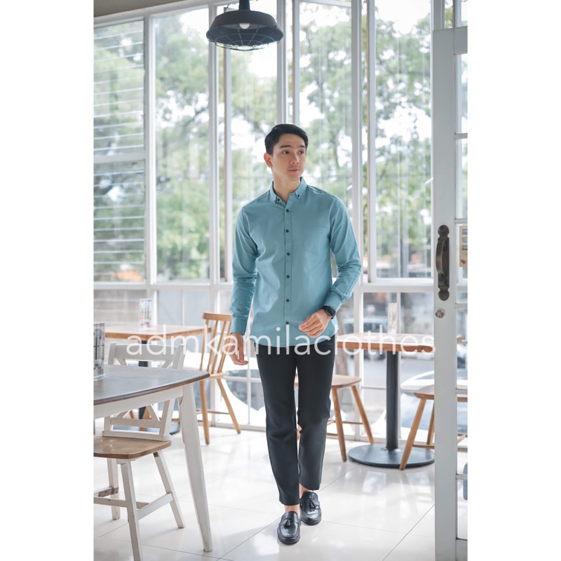 Kemeja pria cowok polos slimfit kasual basic HeM lengan panjang biru mint