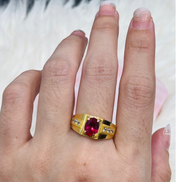 Cincin pria cowo emas asli kadar 875 20K model permata merah