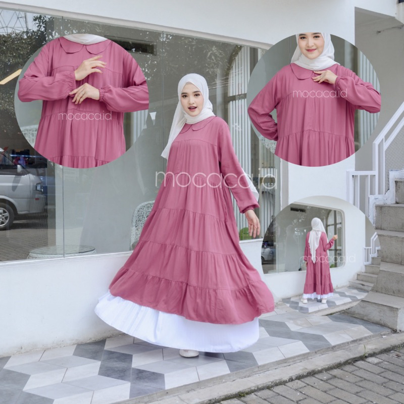 midi dress kerah collar busui friendly 5 susun pink rose broken white hitam putih bersih tulang sleting depan long tunik