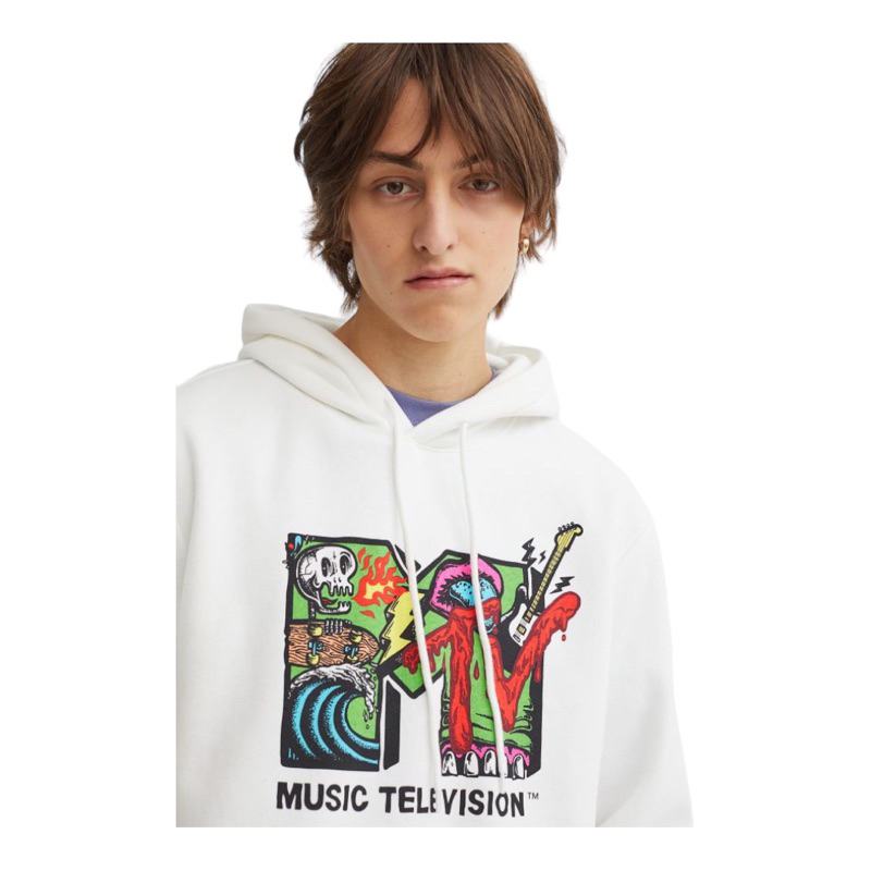 ( 8.8 ) Hoodie H&amp;M Unisex Sablon MTV White Putih, Flecee Katun Lembut Tebal, Free Papperbag