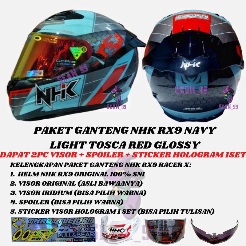 HELM NHK RX9 NAVY NHK RACER X NINE NAVY LIGHT TOSCA RED DOUBLE VISOR FULL FACE ORIGINAL SNI ( PAKET 