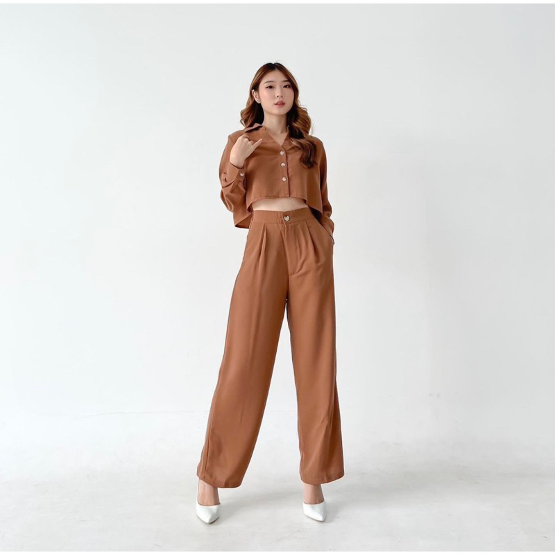 ELISA 2 IN 1 SET - SETELAN WANITA CROP BUSUI FRIENDLY KOREA ( LONG PANTS ) - PAKAIAN WANITA KANTORAN POLOS - HADIAH / KADO ULTAH CEWEK