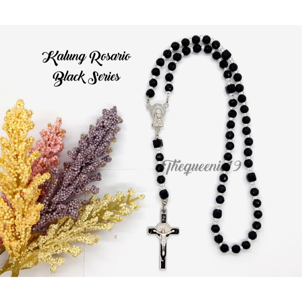 Kalung Manik-Manik Rosario / Kalung Liontin Salib / Kalung Rosario Black Series