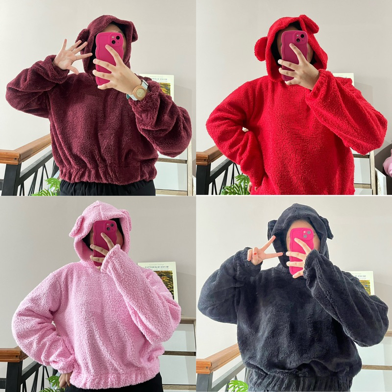 HOODIE KUPING BEAR BAHAN BULU LEMBUT