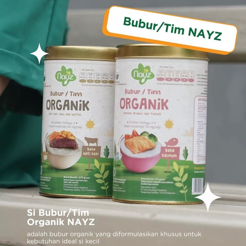 NAYZ Bubur Baby Tim Organik Organic Rasa Ayam Sapi Hati Salmon Kakap Tuna MPASI Bayi 12+ 12 12Bulan Bulan Enak Halal Kaleng Can Besar 275gr 275g 275gram 275 g gr gram Halal Murah Original Cereal Nays Nay'z Penambah Nafsu Napsu Makan Berat Badan Anti GTM