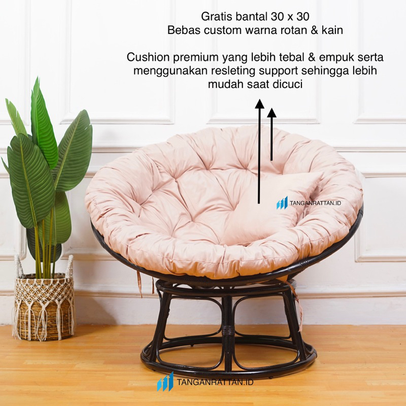 KURSI SANTAI PAPASAN ROTAN HITAM SOLID DENGAN KASUR DAN BANTAL / KURSI MINIMALIS PARABOLA BULAT FINISHING SOLID