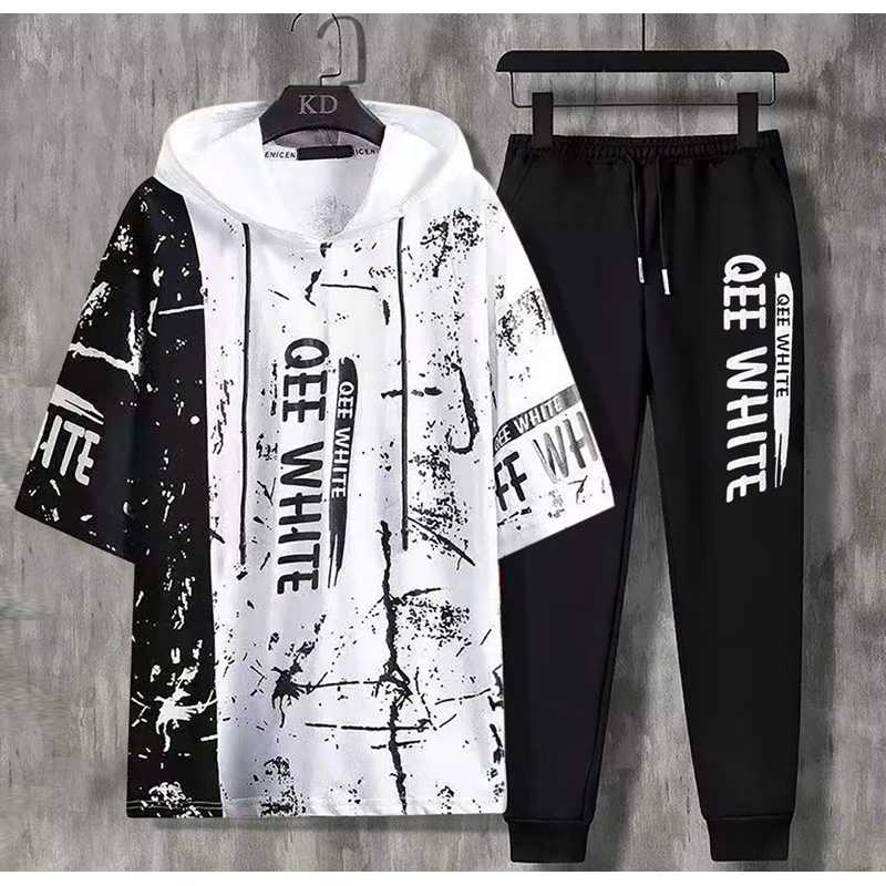 STELAN KAOS HOODIE PRIA SETELAN COWOK WHITE + CELANA JOGGER PANTS PREMIUM