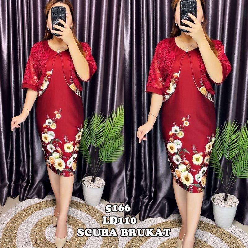 DRESS PESTA WANITA SCUBA PREMIUM BLAZER MENYATU MIX BROKAT LD 110-118