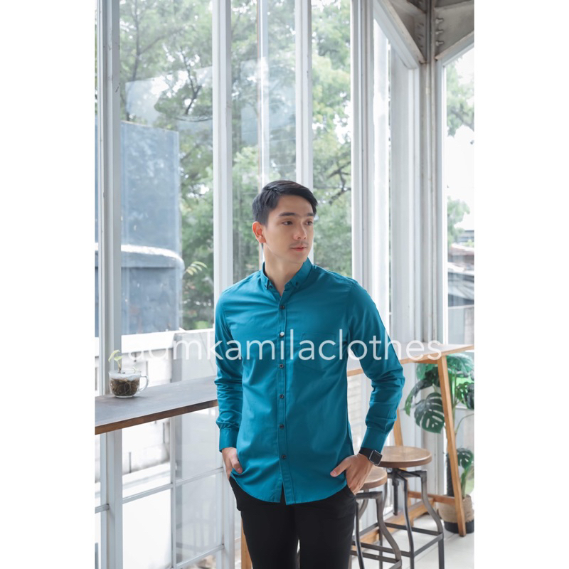 Kemeja pria cowok polos slimfit kasual basic HeM lengan panjang biru hijau tosca