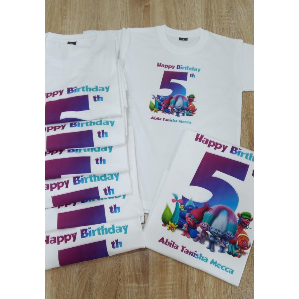 GRATIS CUSTOM NAMA/FOTO Kaos/Baju/T-Shirt ULTAH TROLLS  KARTUN ANAK Couple Keluarga Ayah,Ibu,Anak Ce
