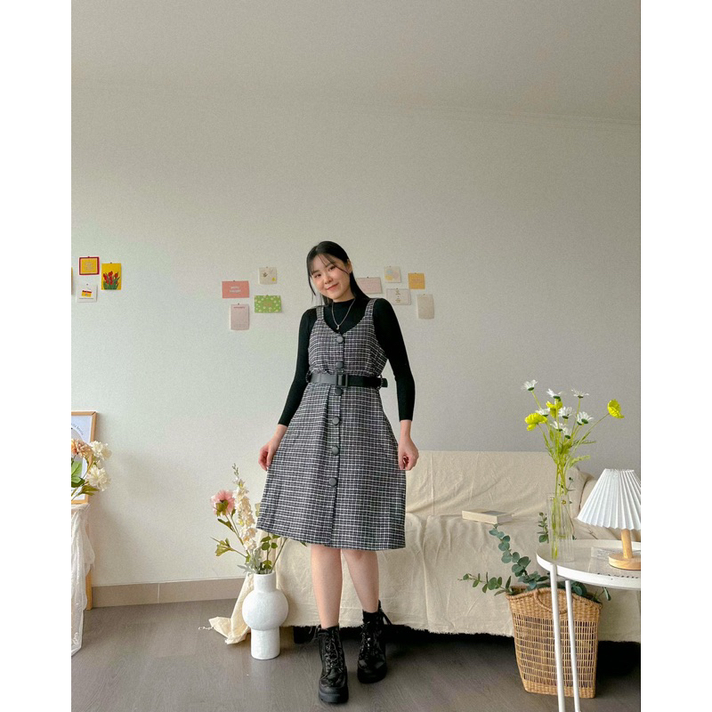 KANON - Riona Knit Set - Set dress inner sweater rajut outer dress flannel dengan belt musim dingin