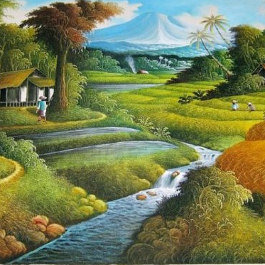 Lukisan Pemandangan Panen Padi yang Indah ukuran 2 x 1 meter