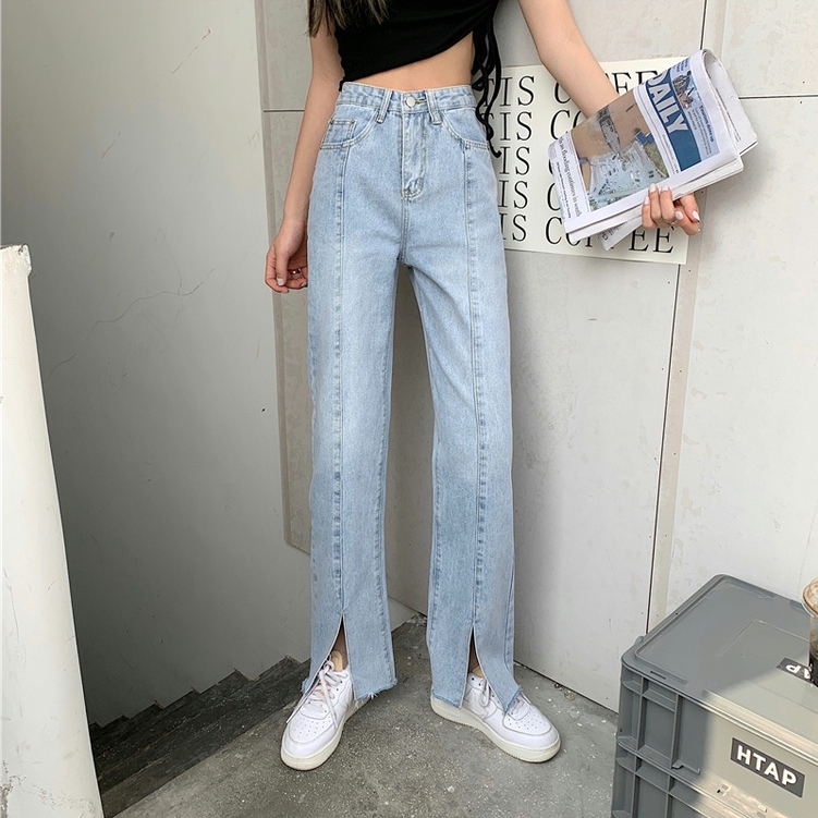 Biru Highwaist Kulot Jeans Wanita Belah / Celana Jeans Split Import