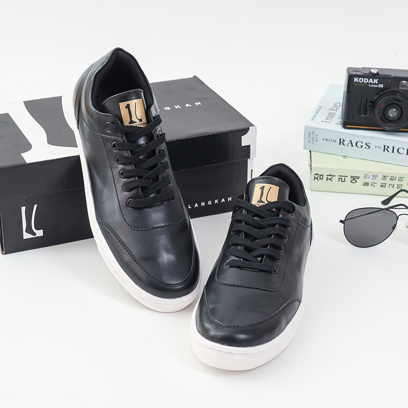 FRANKY LEATHER BLACK |ManNeedMe x 1 LANGKAH| Sepatu Sneakers Pria Casual Shoes Sporty Sol Dijahit PREMIUM ORIGINAL