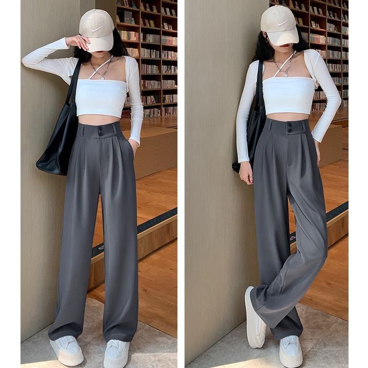 Abu-abu Celana Setelan Wanita Korean kekinian Highwaist Loose Celana Panjang Wanita  (Ada karet)