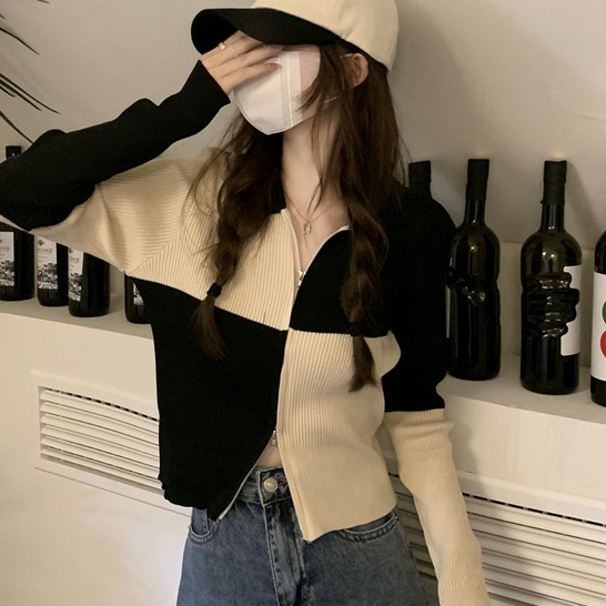 YIU YIU Rajut - Cardigan Rajut Crop Outer Korean Style Floral Sweeter Crop Lengan Panjang