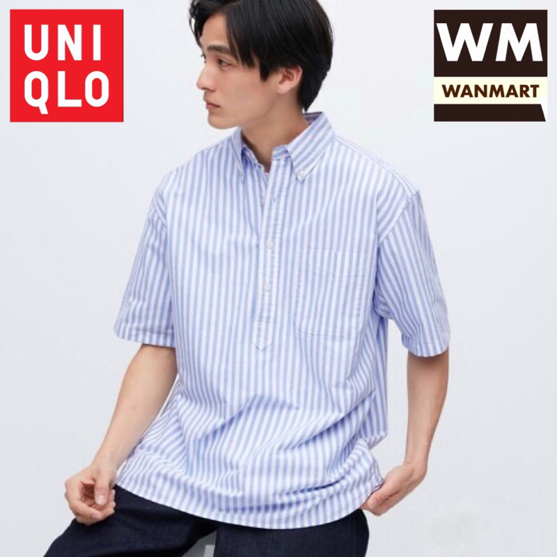 UNIQLO Men Shirt Kemeja Pria Oxford Garis Lengan Pendek Blue