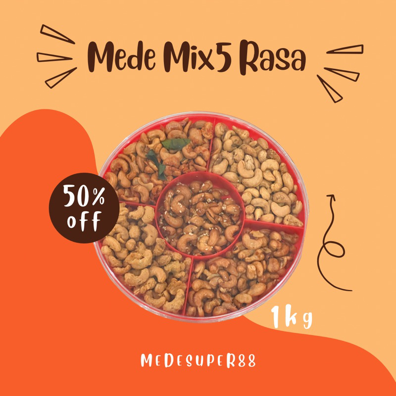 

Kacang Mede / Mente Mix 5 Rasa Berat 1KG