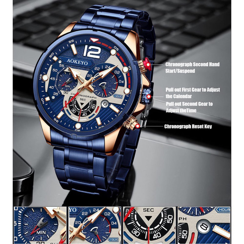 aokeyo  jam tangan pria stanlles chronograf aktif