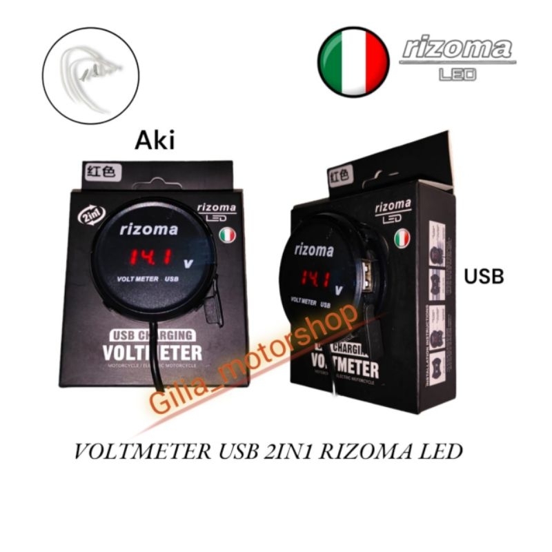 Voltmeter bulat rizoma plus USB nyala LED biru merah Universal Motor