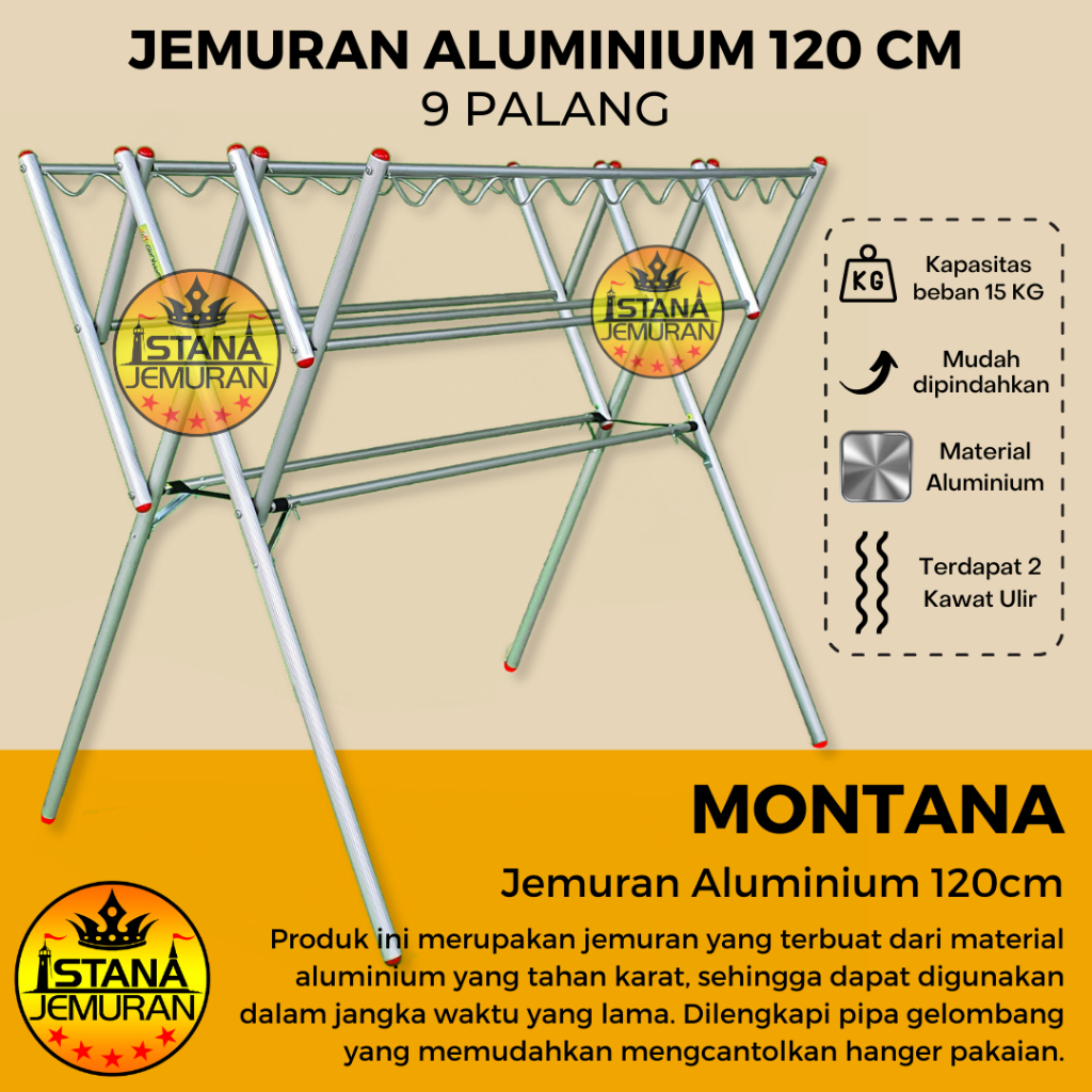 Jemuran Baju Aluminium Lipat 120 cm Anti Karat Rak Jemuran Pakaian 9 Palang