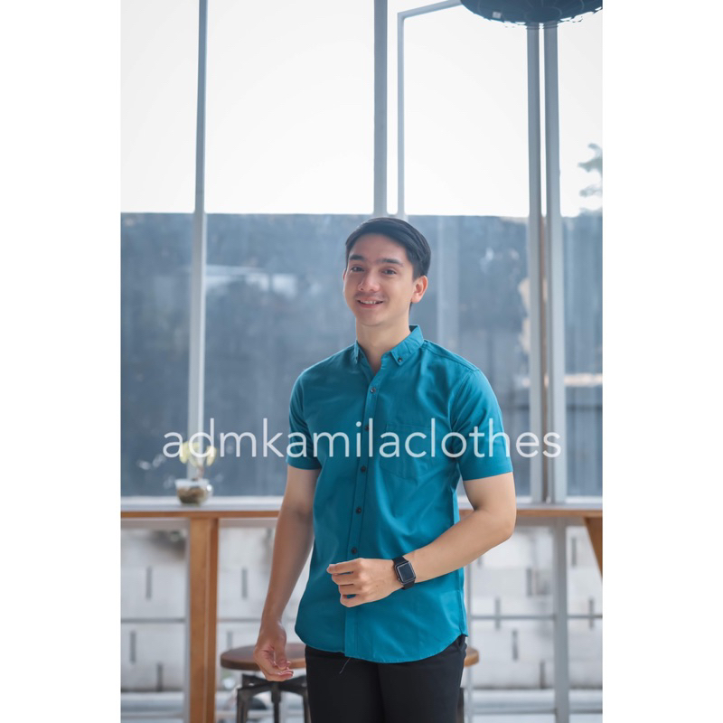 Kemeja pria cowok polos slimfit kasual basic HeM lengan pendek biru tosca