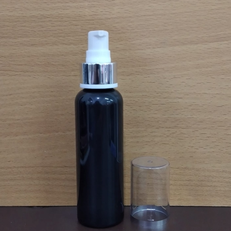 Botol Plastik PET 100ml BR Hitam Tutup Pump Treatment Full Cap Neck