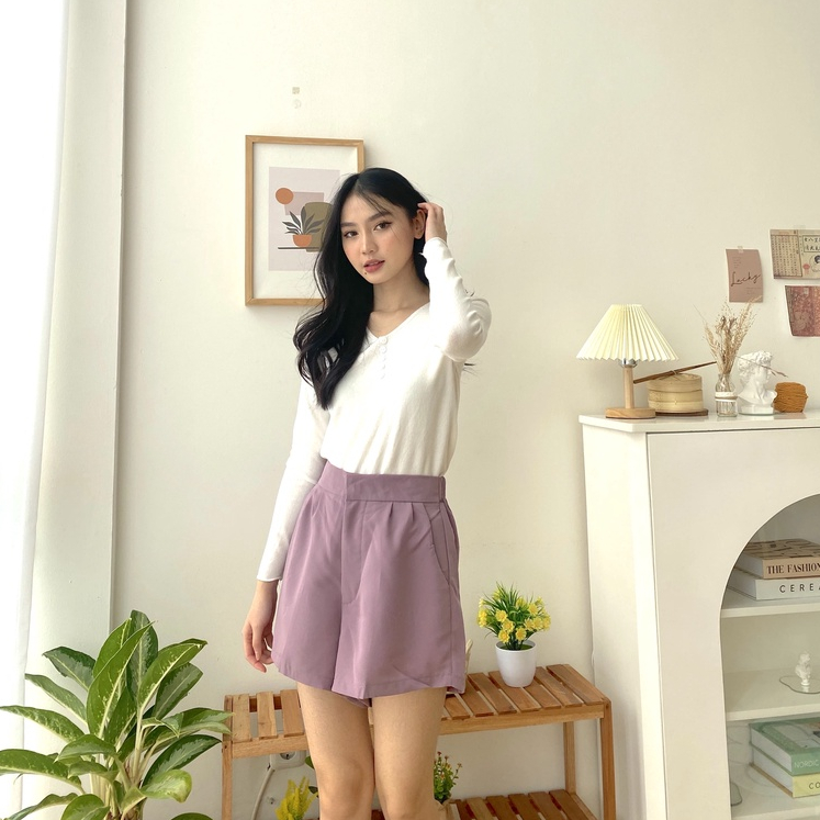 Mei V Neck Long Sleeve - Blouse Vintage Knit - Top Korea Wanita - Atasan Lengan Panjang Wanita