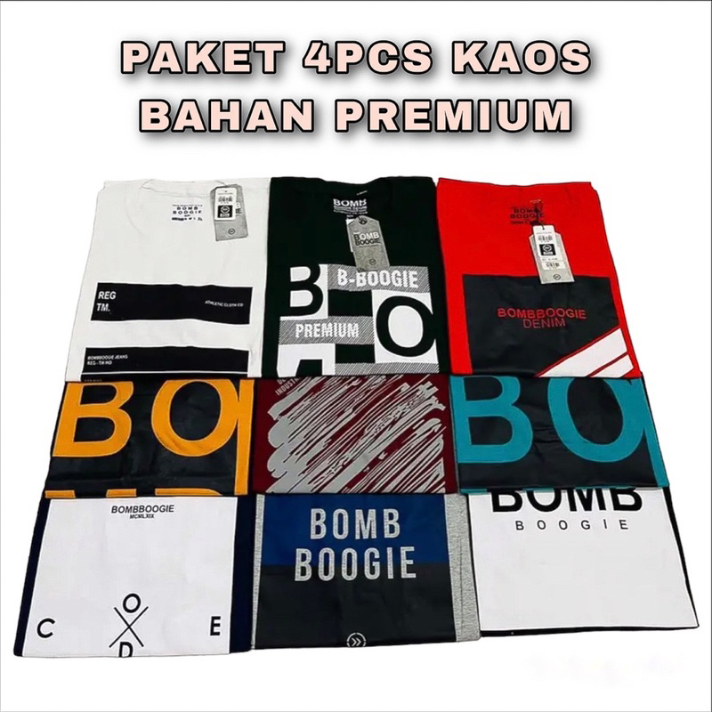 Paket 4 pcs kaos distro bahan semi combed 30s Kaos Bombogie Motif Random kaos pria kaos oblong