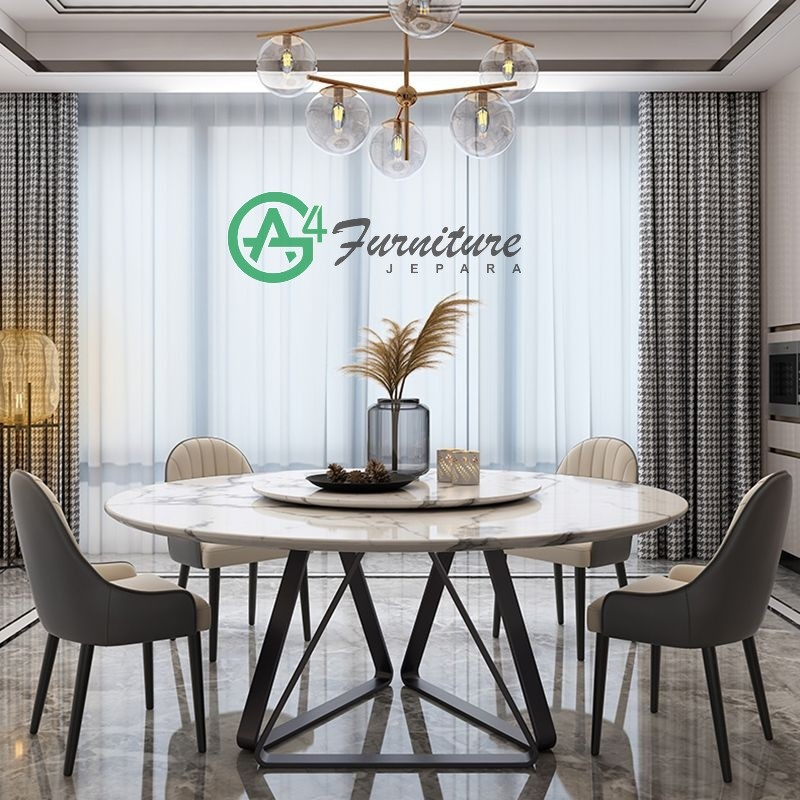Set Meja Makan Marmer Bundar Kaki Besi 4 Kursi