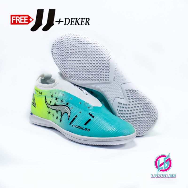 Lamgles - Sepatu Futsal Lamgles Star Anak Kecil Semi Boot Sol Rata Pelangi Biru Junior