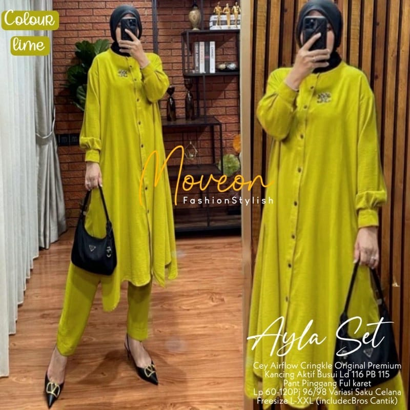 SETELAN CRINKLE AIRFLOW PREMIUM / SETELAN WANITA LONG TUNIK AKSEN KANCING DEPAN VARISI BELAKANG (BANYAK SIZE M. L. XL. XXL)