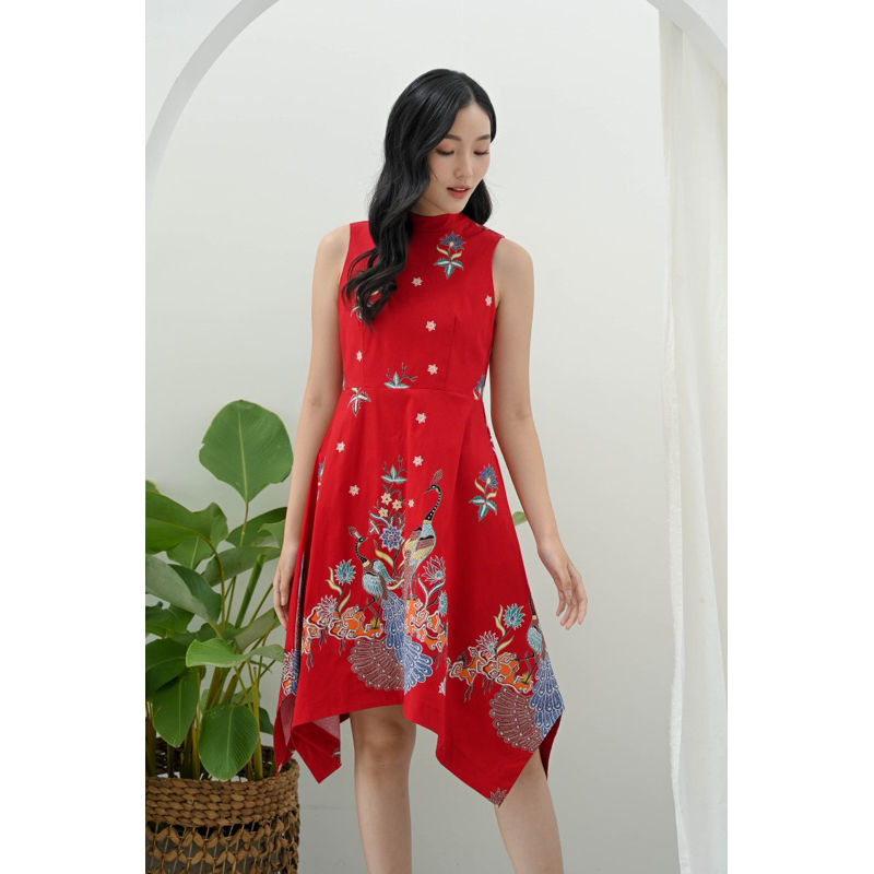 Dress batik wanita asimetris tanpa lengan / dress pesta batik wanita merah / dress CNY 3310 311