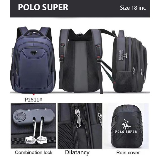 POLO SUPER - Tas Pria Ransel Laptop 18 inc Expanding Jumbo Size Ransel Mudik Import Tas Travelling Polo Original Backpack Expanding Big Size USB Portable