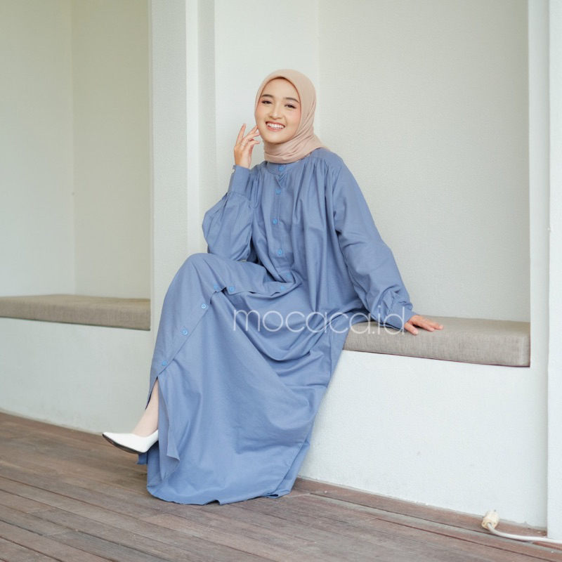 Dress gamis blue denim biru Elegan Ootd Hijabers bahan katun linen rami lengan kancing casual klasik dovey