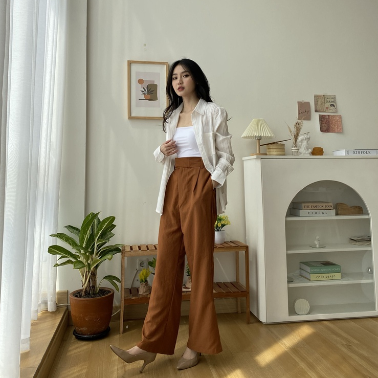 Carli Linen Pants - Celana Panjang Kulot Korea Wanita - High Waist Pants - Casual / Formal