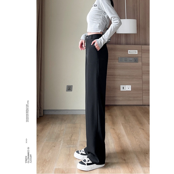 Hitam Highwaist Longgar Vertikal Celana Setelan Wanita Polos