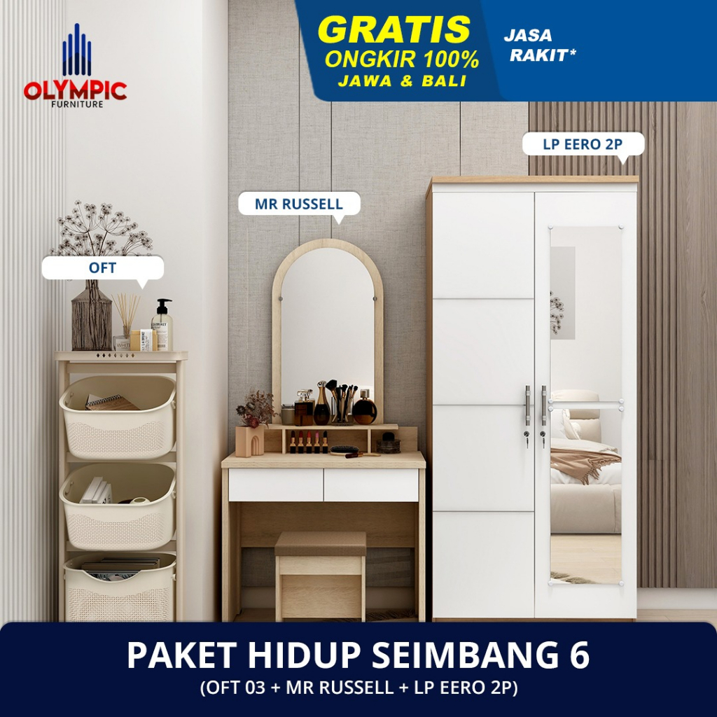 Olympic Paket Hidup Seimbang 6 – Lemari Baju 2 Pintu 1 pcs + Meja Rias 1 pcs + Rak Susun 1 pcs