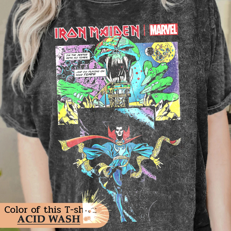 Kaos Iron Maiden | Iron Maiden Marvel Doctor Strange | Oversized T-Shirt Vintage Wash Iron Maiden