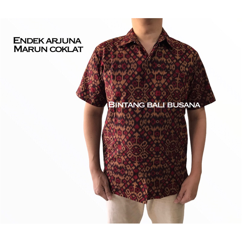 Kemeja Endek Bali Katun Pria Laki Laki Lengan Pendek Motif Arjuna Merah Marun Hitam Merah