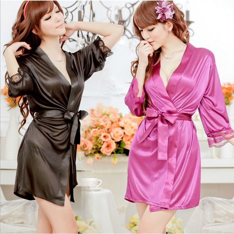baju tidur lingerie kimono polos satin import seksi + g string/baju tidur wanita dewasa/baju tidur k