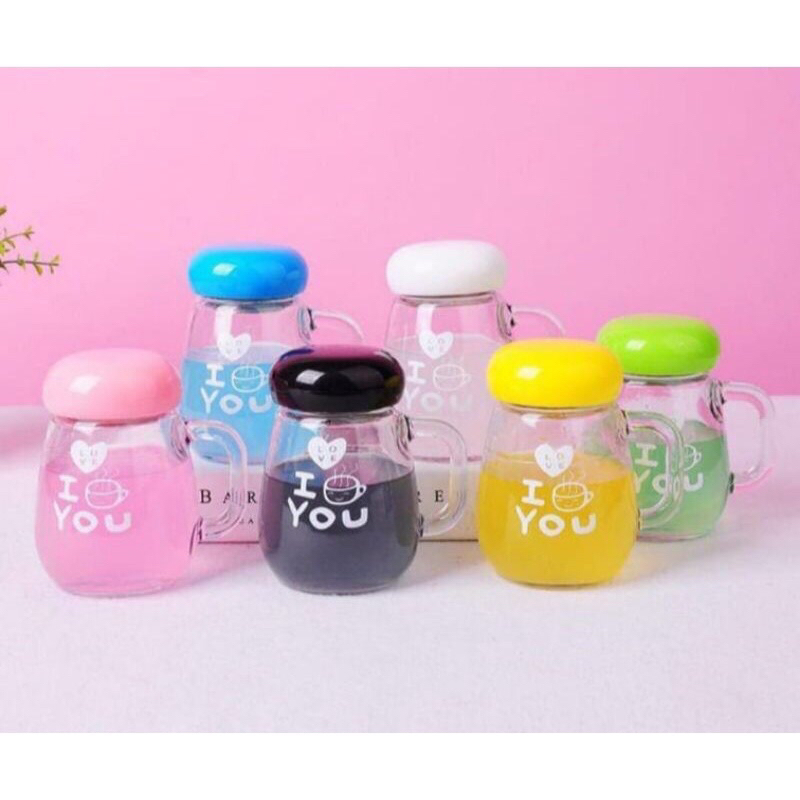 Gelas Love Mug Lucu/Mug Kaca Mini 350ml/Gelas tutup anti tumpah