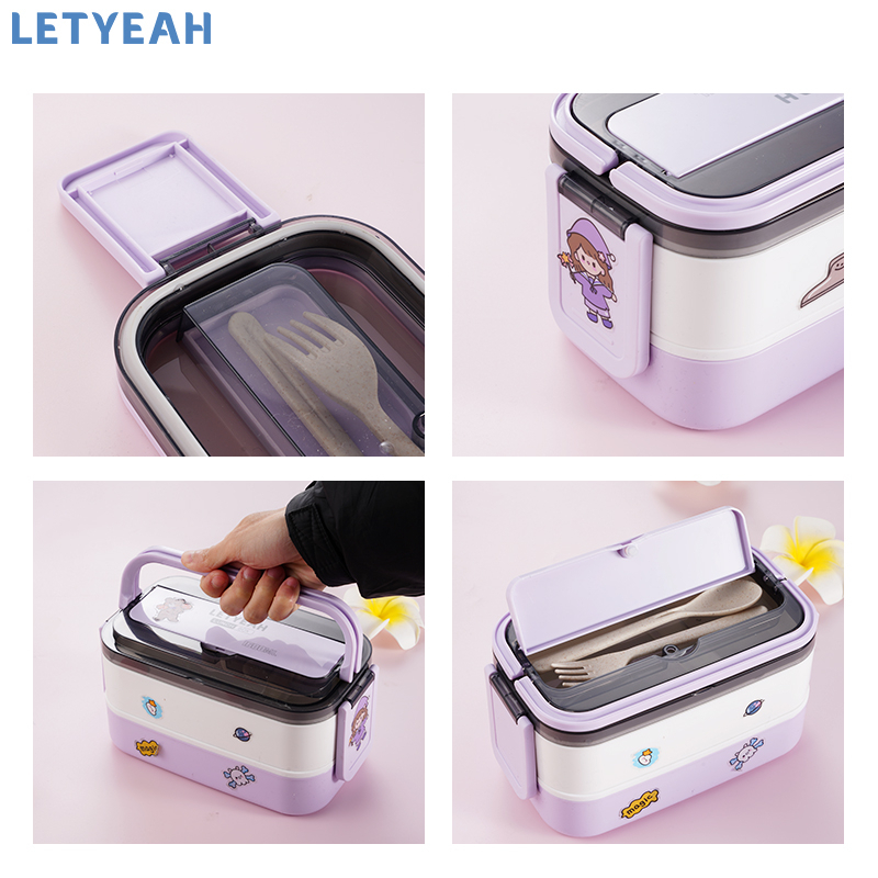 letyeah Kotak makan set DIY sticker lunch box set tas 1600ml tempat bekal makan anti tumpah dan cangkir sup /BPA Free