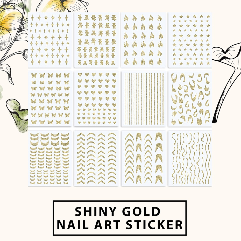 MSY Stiker Kuku Shiny Motif Butterfly Gold Laser/Motif love/Hiasan Stiker Gold/Silver/Kutek Nail Art Stiker