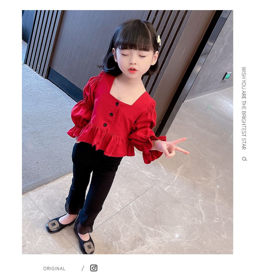 Setelan Set Anak Perempuan Merah Ruffle Korean Style + Celana