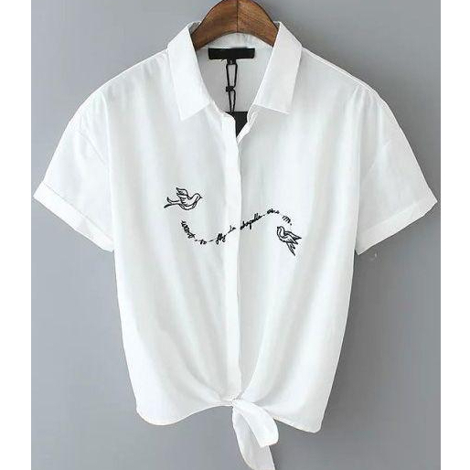 Baju Atasan Blouse Kemeja Retro Crop Top Ikat Lengan Pendek Putih Wanita Korea