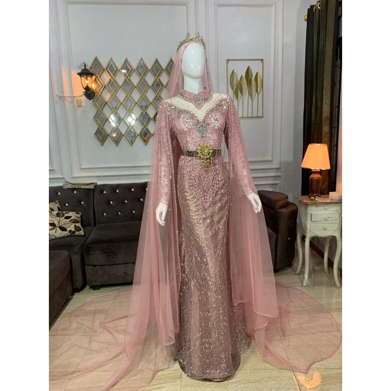 gaun slim rose gold murah mewah ball gown