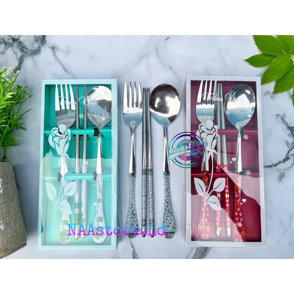 Souvenir Sendok SAKURA 1 Set Kemas Box Mika - Sendok Garpu Sumpit Stainless - Chinesee Sovenir Perni